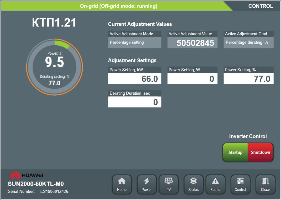 Huawei SUN2000 smart object. Inverter control page.