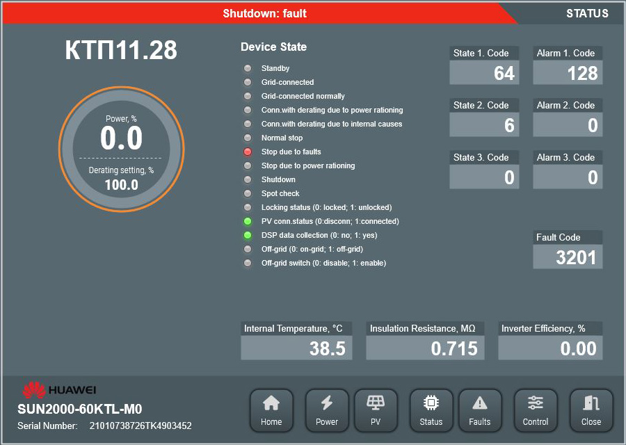 Huawei SUN2000 smart object. Inverter state page.