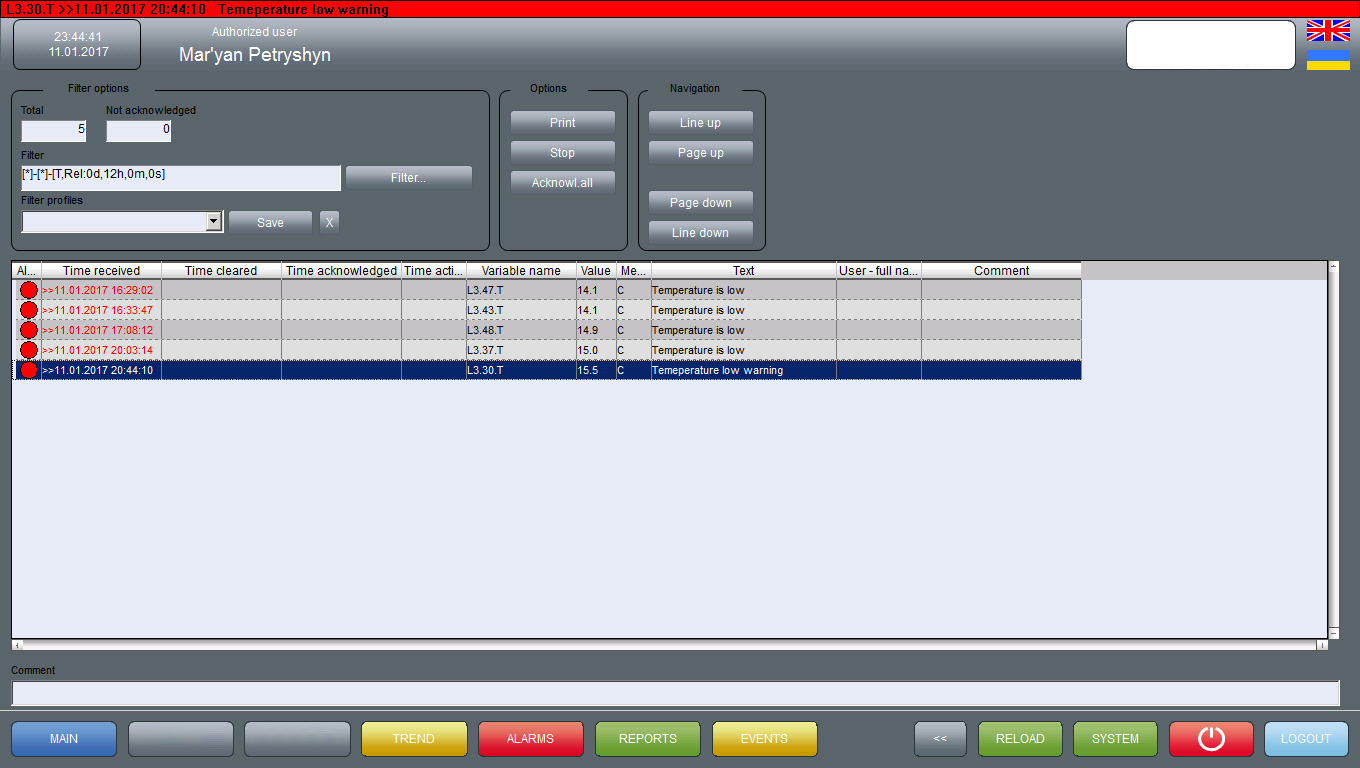 Pharma factory's environmental monitoring SCADA. Alarms list screen.